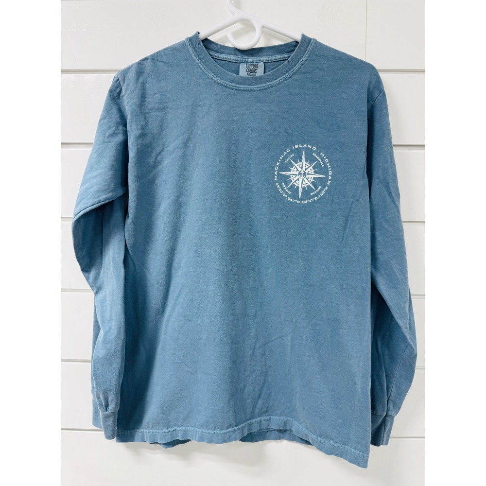 Comfort Colors Mackinac Island Michigan Long Sleeve T-Shirt Blue Small Compass